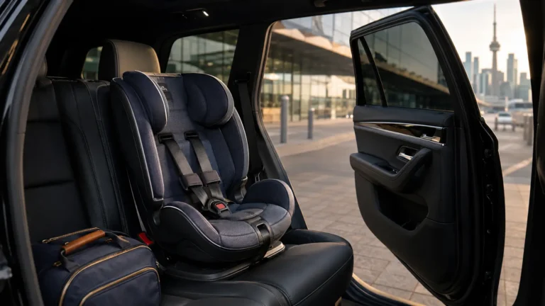 Convertible toddler car seat in a Toronto airport limo luxury SUV