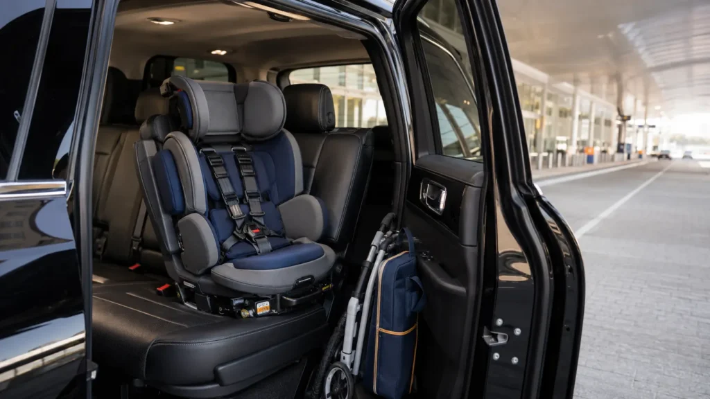 Adaptive special-needs child restraint in a spacious Toronto airport limo SUV