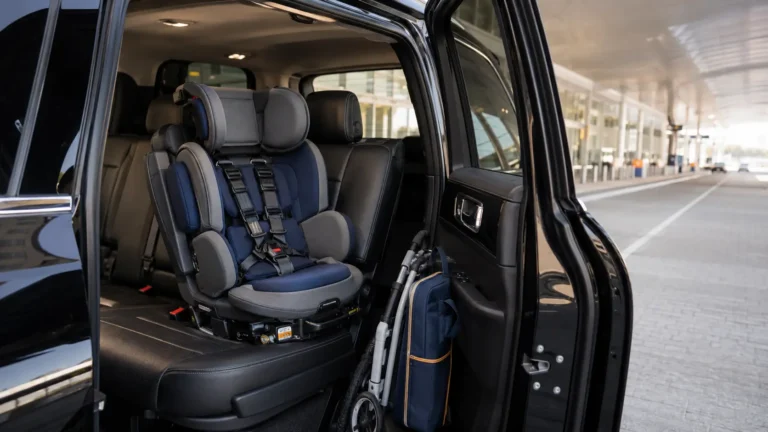 Adaptive special-needs child restraint in a spacious Toronto airport limo SUV